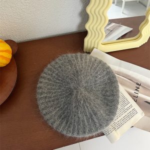 Oversized Knitted Rabbit Fur Beret for Women - Versatile Retro Autumn/Winter Hat, Flattering Youthful Style