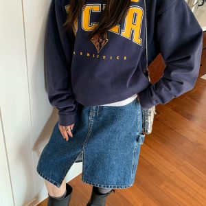 Oversized Vintage Distressed Navy Blue Sweatshirt for Women - 90s American Lazy Style Printed Round Neck Top