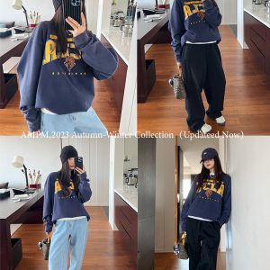 Oversized Vintage Distressed Navy Blue Sweatshirt for Women - 90s American Lazy Style Printed Round Neck Top