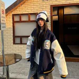 Padded Embroidered Baseball Jacket for Women - American Street Style, Loose Fit Spring Fashion