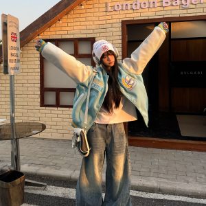 Padded Embroidered Baseball Jacket for Women - American Street Style, Loose Fit Spring Fashion
