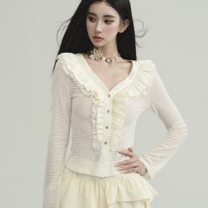 Paris Seine Ruffled Flare Sleeve T-Shirt Summer Knitted Cardigan - Trendy 90s-Inspired Fashion for Effortless Style