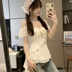 Patchwork Irregular Design Shirt for Women - Korean Style Elegant Slim Fit - Spring/Summer Fashion Essential