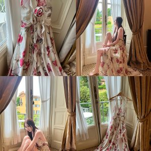Peach Blossom High-End Printed Slip Dress for Tall Figures - Socialite Style, Slim Fit, and Side Slit, Perfect for 90s and Y2K Fashion.