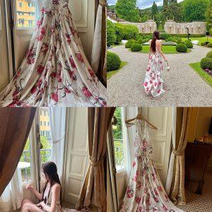 Peach Blossom High-End Printed Slip Dress for Tall Figures - Socialite Style, Slim Fit, and Side Slit, Perfect for 90s and Y2K Fashion.