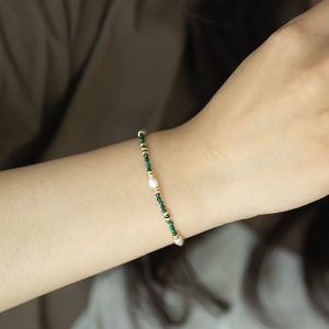 Peacock Green Freshwater Pearl Bracelet - 925 Silver Gold-Plated Vintage Stacking Band in Light Luxury Chinese Style