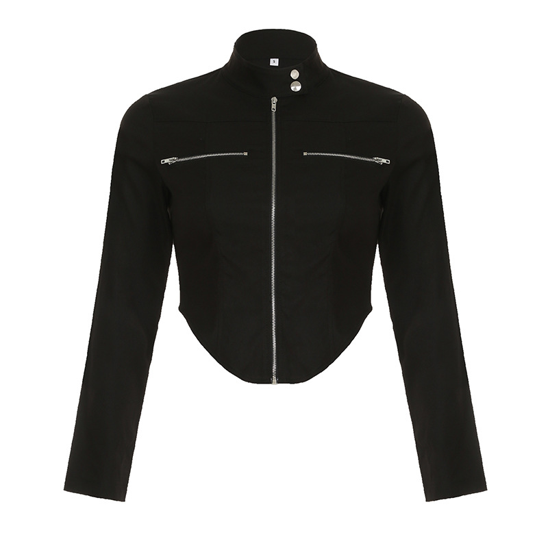 Personalized Street Style Short Irregular Arc Hem Jacket for Women - Functional Zip-Up Motorcycle Coat for Hot Girls
