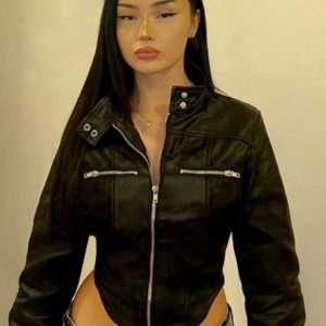 Personalized Street Style Short Irregular Arc Hem Jacket for Women - Functional Zip-Up Motorcycle Coat for Hot Girls
