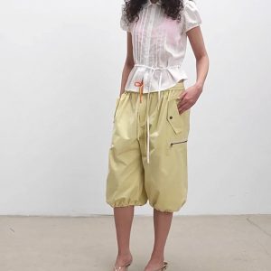 Peter Pan Collar Lace Tie Short Sleeve Shirt in White/Light Yellow - Perfect for Homebodies and Y2K Style Lovers