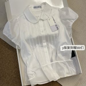 Peter Pan Collar Lace Tie Short Sleeve Shirt in White/Light Yellow - Perfect for Homebodies and Y2K Style Lovers