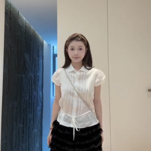 Peter Pan Collar Lace Tie Short Sleeve Shirt in White/Light Yellow - Perfect for Homebodies and Y2K Style Lovers