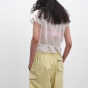 Peter Pan Collar Lace Tie Short Sleeve Shirt in White/Light Yellow - Perfect for Homebodies and Y2K Style Lovers