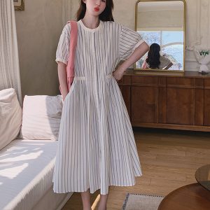 Petite Blue Striped Shirt Dress - Sweet Age-Reducing Casual Summer Dress for Women, Trendy and Stylish for Effortless Chic Looks