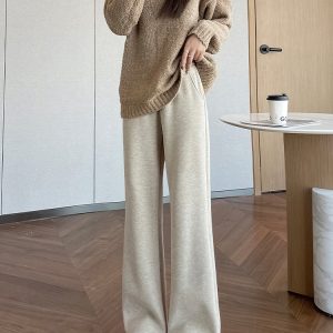 Petite Casual Rice Grain Flared Pants for Women - Plush Loose Straight Leg Ankle-Length Trousers for Autumn and Winter Fashion