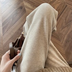 Petite Casual Rice Grain Flared Pants for Women - Plush Loose Straight Leg Ankle-Length Trousers for Autumn and Winter Fashion