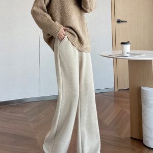 Petite Casual Rice Grain Flared Pants for Women - Plush Loose Straight Leg Ankle-Length Trousers for Autumn and Winter Fashion