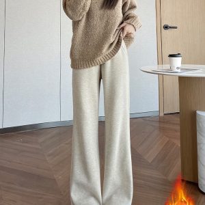 Petite Casual Rice Grain Flared Pants for Women - Plush Loose Straight Leg Ankle-Length Trousers for Autumn and Winter Fashion