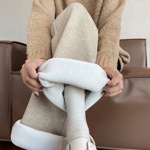 Petite Casual Rice Grain Flared Pants for Women - Plush Loose Straight Leg Ankle-Length Trousers for Autumn and Winter Fashion