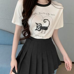 Petite College Style Short Sleeve T-Shirt & Pleated Skirt Set - Youthful 2025 Fashion, Trendy Casual Outfit for Summer