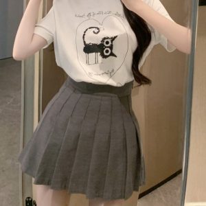 Petite College Style Short Sleeve T-Shirt & Pleated Skirt Set - Youthful 2025 Fashion, Trendy Casual Outfit for Summer