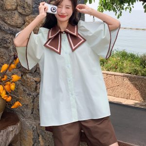 Petite Color-Blocking Two-Piece Set for Women - Butterfly Collar Shirt & Shorts - Summer 2025 Fashion