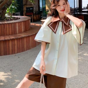 Petite Color-Blocking Two-Piece Set for Women - Butterfly Collar Shirt & Shorts - Summer 2025 Fashion