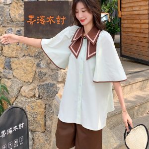 Petite Color-Blocking Two-Piece Set for Women - Butterfly Collar Shirt & Shorts - Summer 2025 Fashion