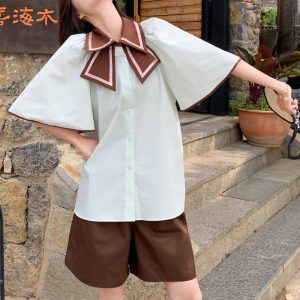 Petite Color-Blocking Two-Piece Set for Women - Butterfly Collar Shirt & Shorts - Summer 2025 Fashion