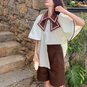 Petite Color-Blocking Two-Piece Set for Women - Butterfly Collar Shirt & Shorts - Summer 2025 Fashion