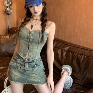 Petite Denim Strapless Top and Skirt Set - Trendy 2025 Summer Two-Piece Outfit for Stylish Looks