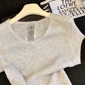 Petite Fitted Short Lace Hollow Back Top with Unique Short Sleeves - Stylish Women's Fashion for Effortless Chic Looks