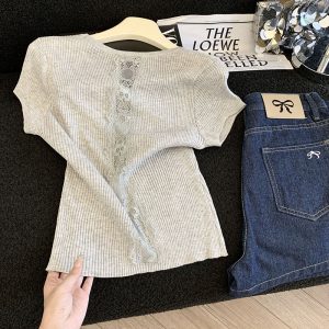 Petite Fitted Short Lace Hollow Back Top with Unique Short Sleeves - Stylish Women's Fashion for Effortless Chic Looks