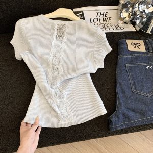 Petite Fitted Short Lace Hollow Back Top with Unique Short Sleeves - Stylish Women's Fashion for Effortless Chic Looks
