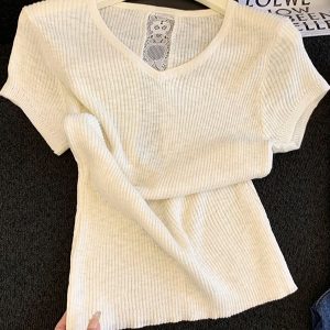 Petite Fitted Short Lace Hollow Back Top with Unique Short Sleeves - Stylish Women's Fashion for Effortless Chic Looks