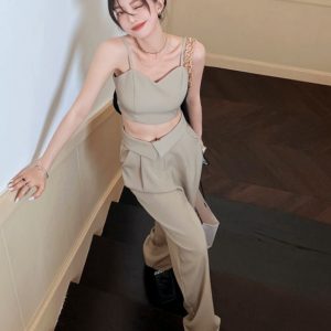 Petite Off-Shoulder Camisole & Casual Suit Pants Two-Piece Set - Stylish Outfit for Women, Perfect for 90s and Y2K Fashion Lovers