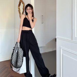Petite Off-Shoulder Camisole & Casual Suit Pants Two-Piece Set - Stylish Outfit for Women, Perfect for 90s and Y2K Fashion Lovers