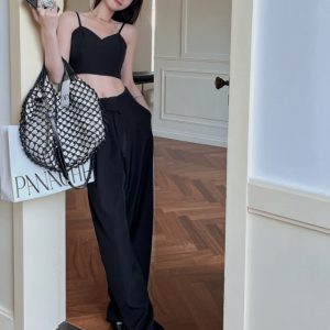 Petite Off-Shoulder Camisole & Casual Suit Pants Two-Piece Set - Stylish Outfit for Women, Perfect for 90s and Y2K Fashion Lovers