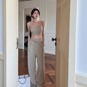 Petite Off-Shoulder Camisole & Casual Suit Pants Two-Piece Set - Stylish Outfit for Women, Perfect for 90s and Y2K Fashion Lovers