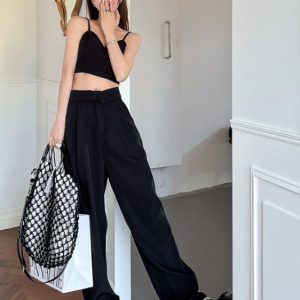 Petite Off-Shoulder Camisole & Casual Suit Pants Two-Piece Set - Stylish Outfit for Women, Perfect for 90s and Y2K Fashion Lovers