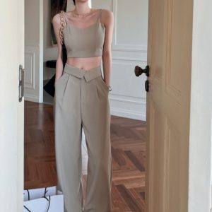 Petite Off-Shoulder Camisole & Casual Suit Pants Two-Piece Set - Stylish Outfit for Women, Perfect for 90s and Y2K Fashion Lovers