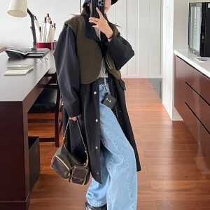 Petite Oversized Multi-Pocket Parka Windbreaker Coat for Women, High-End Black Mid-Length Outerwear, Y2K Fashion