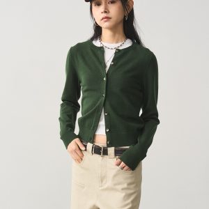 Petite Solid Color Knitted Cardigan for Women - Classic Versatile Short Style - Spring 2024 Fashion in Green