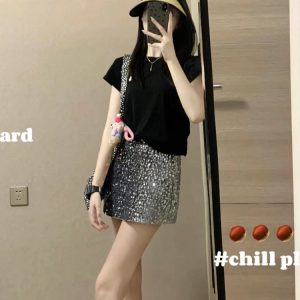 Petite Spicy Girl Black T-Shirt and Sequined Skirt Matching Set - Summer Outfit for Pear-Shaped Women, Y2K Style