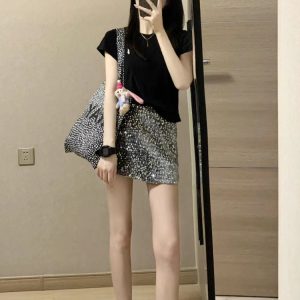 Petite Spicy Girl Black T-Shirt and Sequined Skirt Matching Set - Summer Outfit for Pear-Shaped Women, Y2K Style