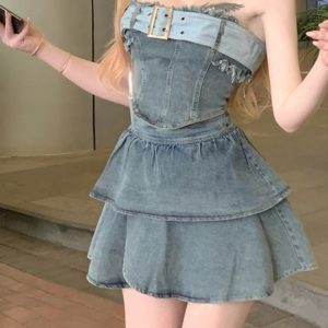 Petite Summer Outfit Set - Trendy Strapless Denim Mini Skirt & Chic Two-Piece Ensemble for Stylish Looks