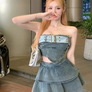 Petite Summer Outfit Set - Trendy Strapless Denim Mini Skirt & Chic Two-Piece Ensemble for Stylish Looks