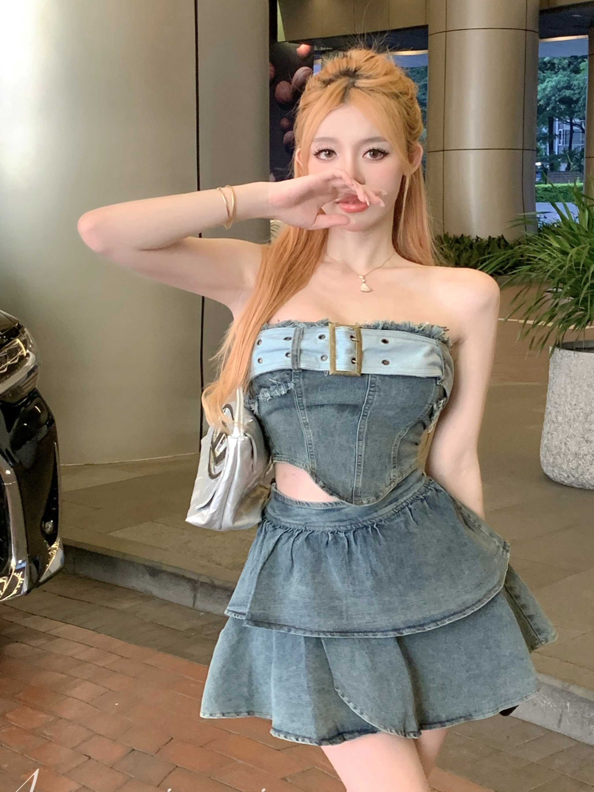 Petite Summer Outfit Set - Trendy Strapless Denim Mini Skirt & Chic Two-Piece Ensemble for Stylish Looks