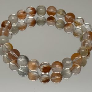 Phoenix Tail Pattern Rabbit Hair Crystal Bracelet with Brushed Pink and Gray Loose Beads - Natural Bohemian Style Jewelry