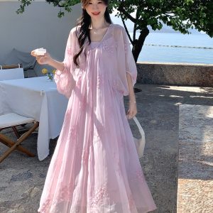Pink Embroidered French Vacation Style Dress Set for Women - Summer 2025 Two-Piece Camisole Dress Outfit