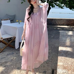 Pink Embroidered French Vacation Style Dress Set for Women - Summer 2025 Two-Piece Camisole Dress Outfit